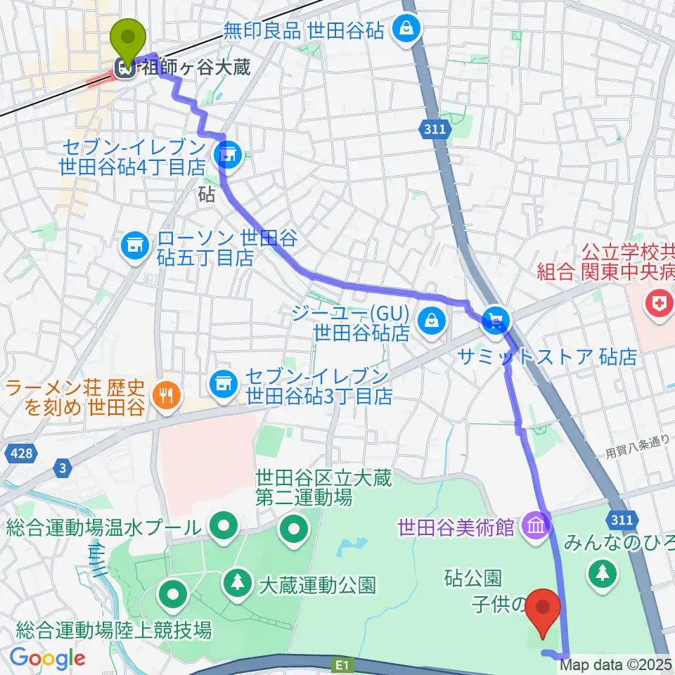 祖師ヶ谷大蔵駅から砧公園小サッカー場へのルートマップ地図
