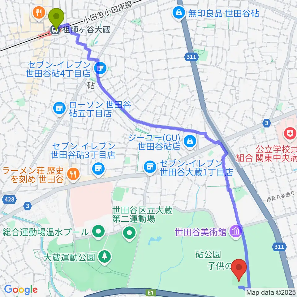 祖師ヶ谷大蔵駅から砧公園小サッカー場へのルートマップ地図