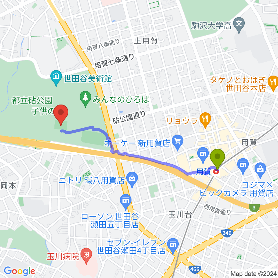 砧公園小サッカー場の最寄駅用賀駅からの徒歩ルート（約18分）地図