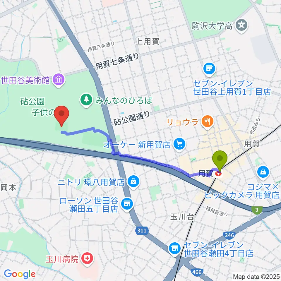 砧公園小サッカー場の最寄駅用賀駅からの徒歩ルート（約18分）地図