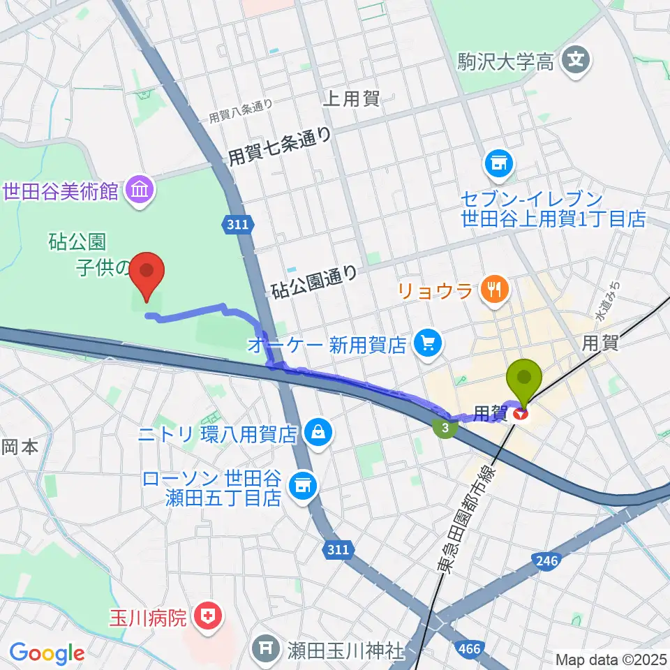 砧公園小サッカー場の最寄駅用賀駅からの徒歩ルート（約18分）地図