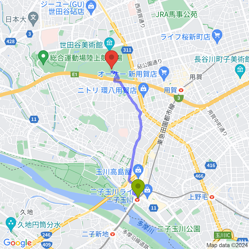 二子玉川駅から砧公園小サッカー場へのルートマップ地図