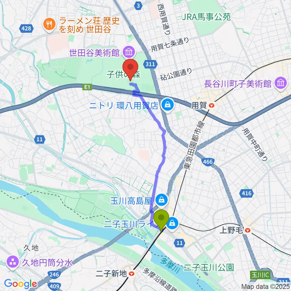 二子玉川駅から砧公園小サッカー場へのルートマップ地図