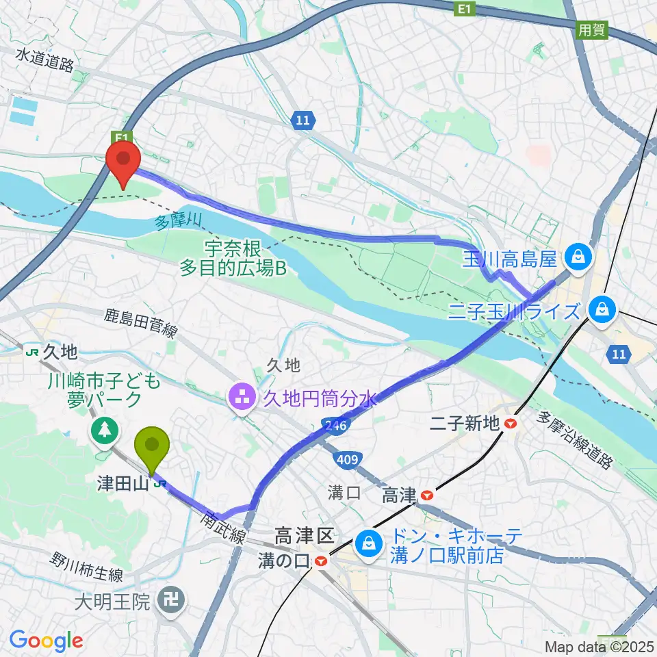 津田山駅から目黒区砧野球場へのルートマップ地図