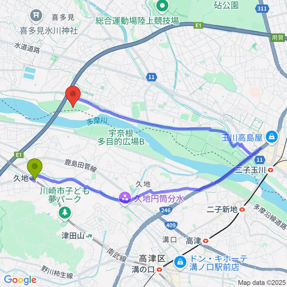 目黒区砧野球場の最寄駅久地駅からの徒歩ルート（約18分）地図