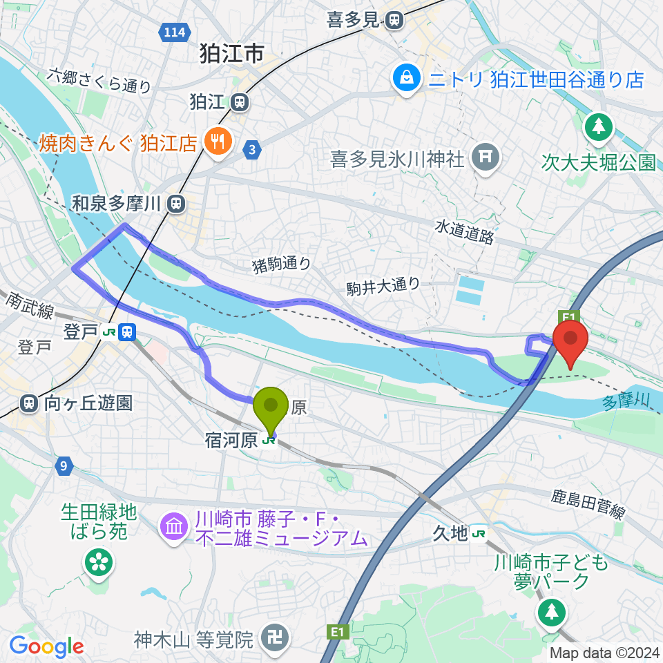 宿河原駅から目黒区砧野球場へのルートマップ地図