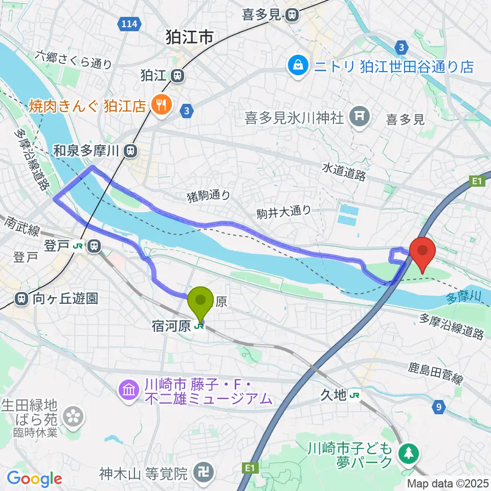 宿河原駅から目黒区砧野球場へのルートマップ地図