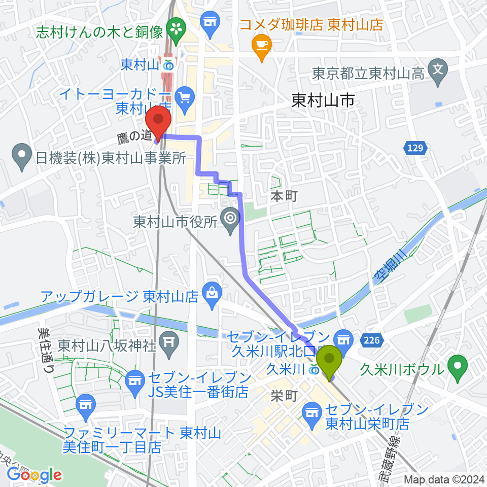 久米川駅からサウンド・スクエア東村山店へのルートマップ地図