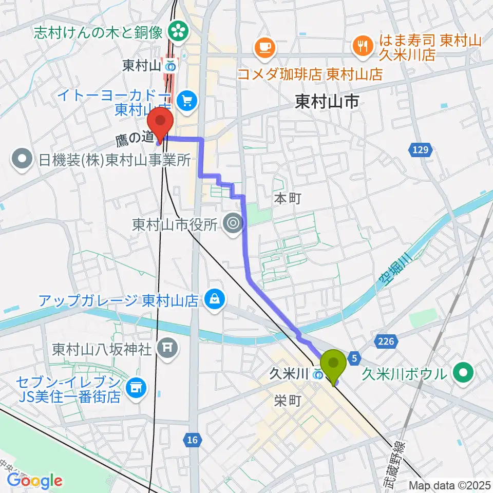 久米川駅からサウンド・スクエア東村山店へのルートマップ地図