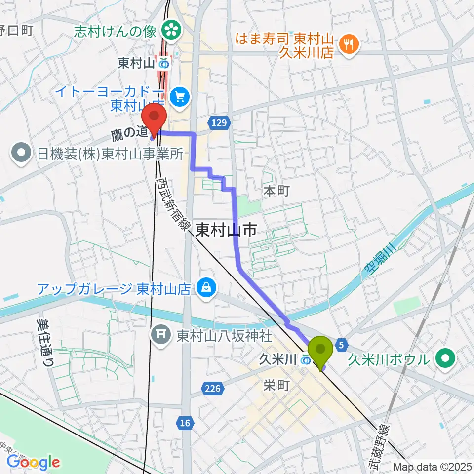 久米川駅からサウンド・スクエア東村山店へのルートマップ地図