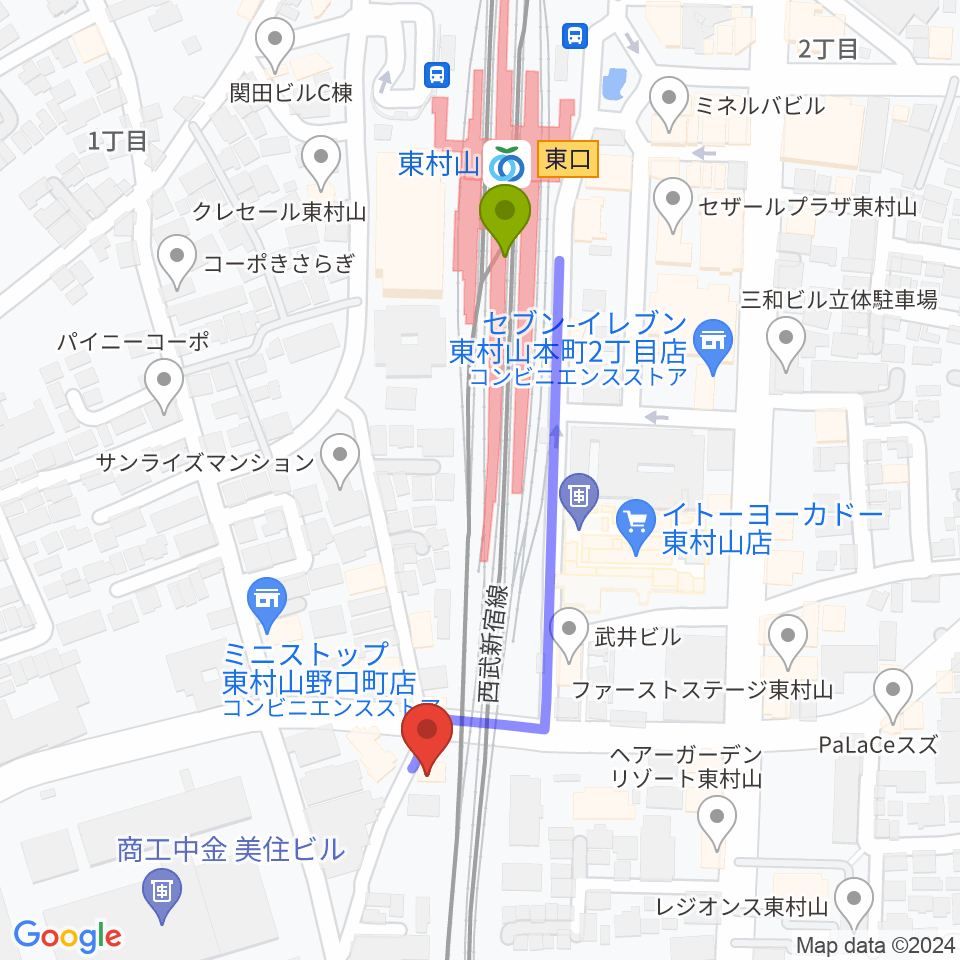 サウンド・スクエア東村山店の最寄駅東村山駅からの徒歩ルート（約4分）地図