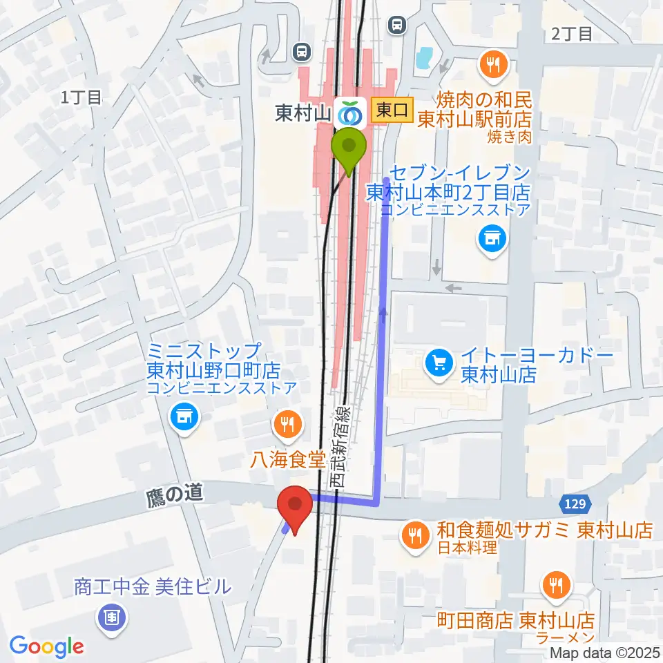 サウンド・スクエア東村山店の最寄駅東村山駅からの徒歩ルート（約4分）地図