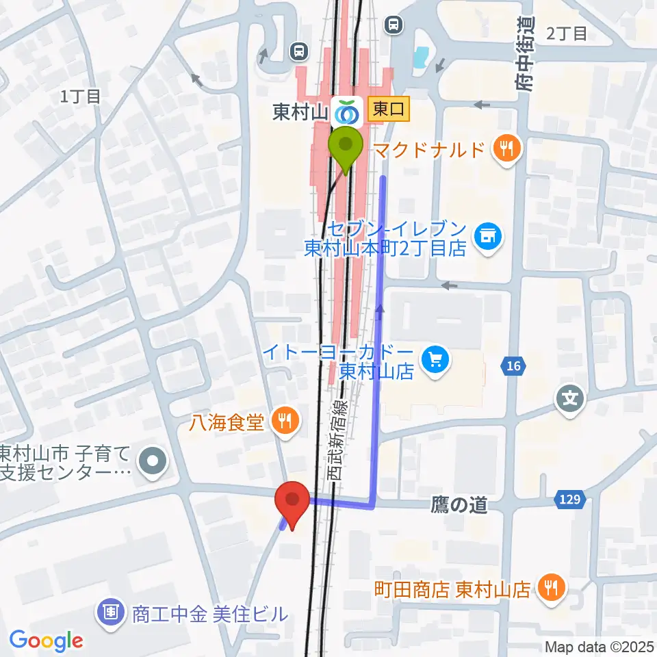 サウンド・スクエア東村山店の最寄駅東村山駅からの徒歩ルート（約4分）地図