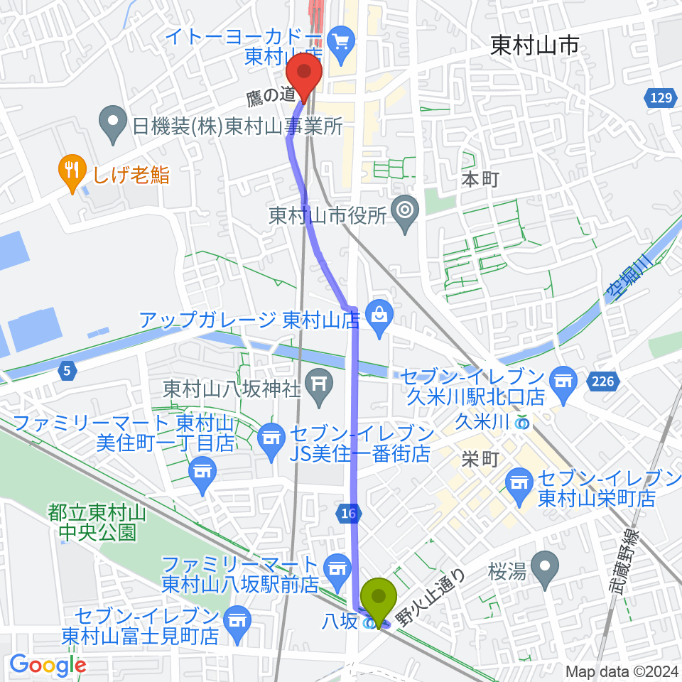 八坂駅からサウンド・スクエア東村山店へのルートマップ地図