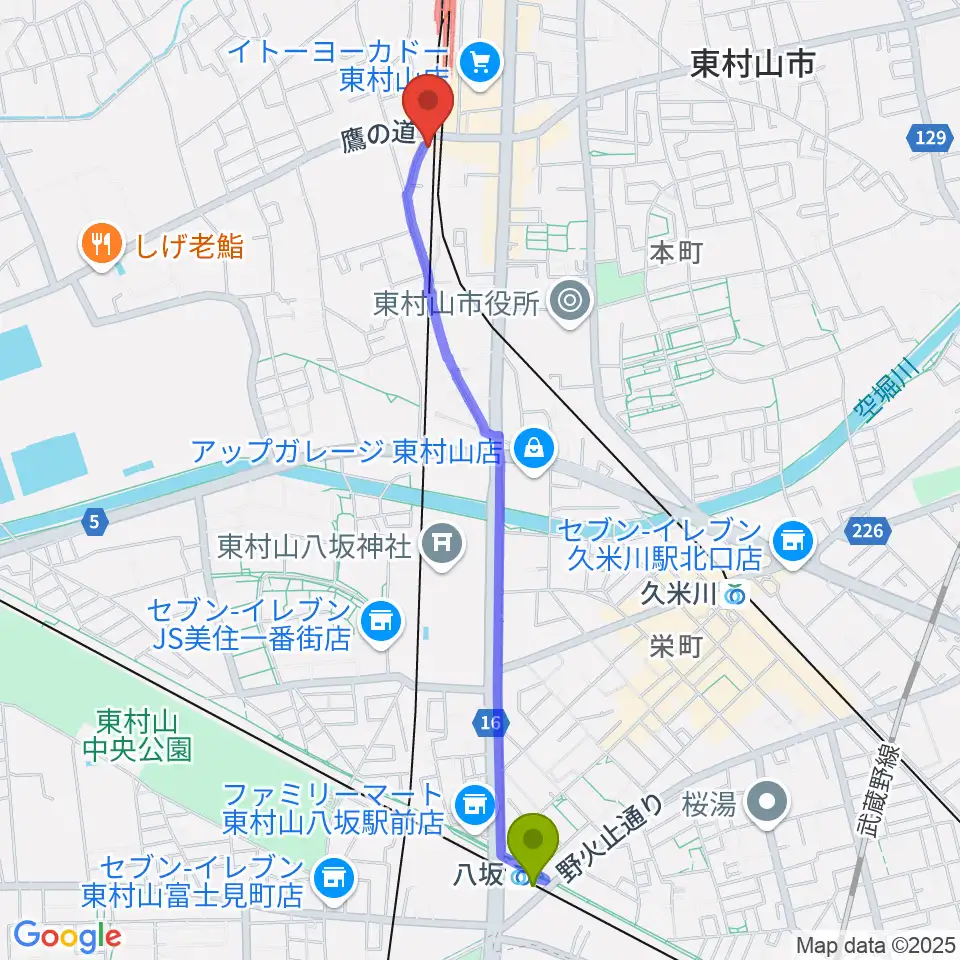 八坂駅からサウンド・スクエア東村山店へのルートマップ地図