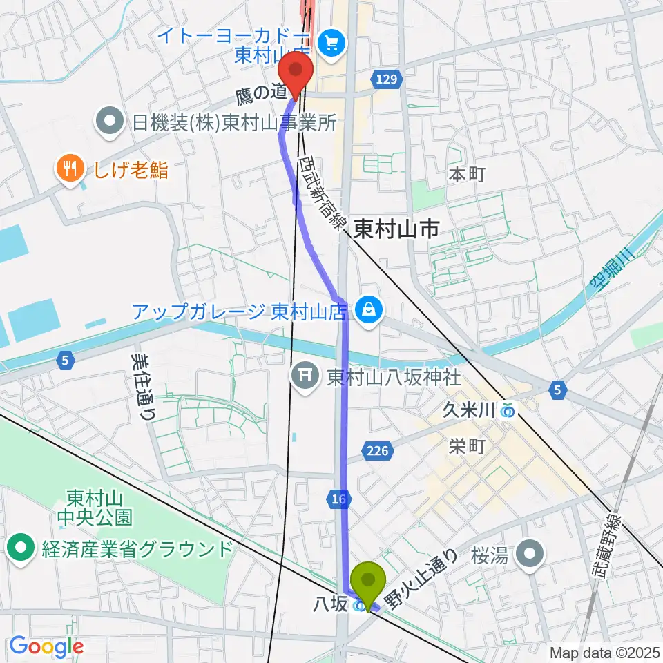 八坂駅からサウンド・スクエア東村山店へのルートマップ地図