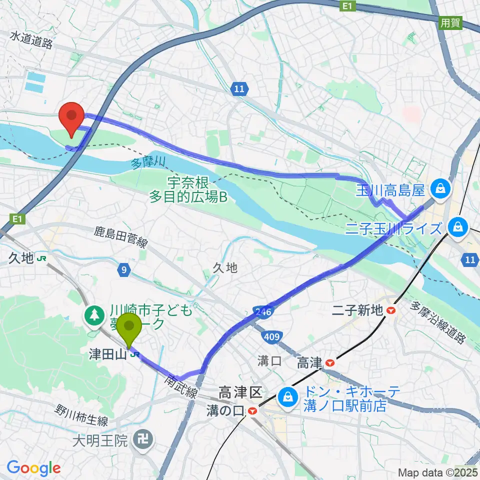 津田山駅から目黒区砧サッカー場へのルートマップ地図