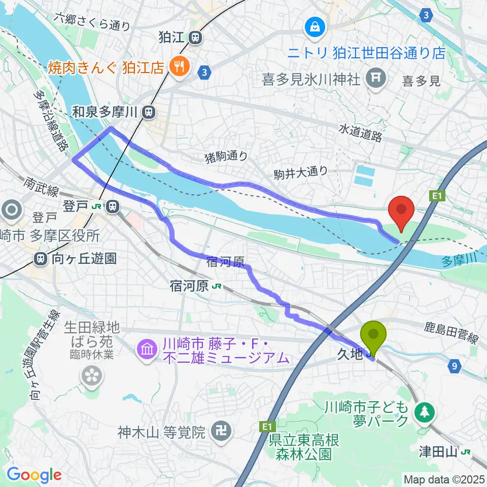目黒区砧サッカー場の最寄駅久地駅からの徒歩ルート（約16分）地図