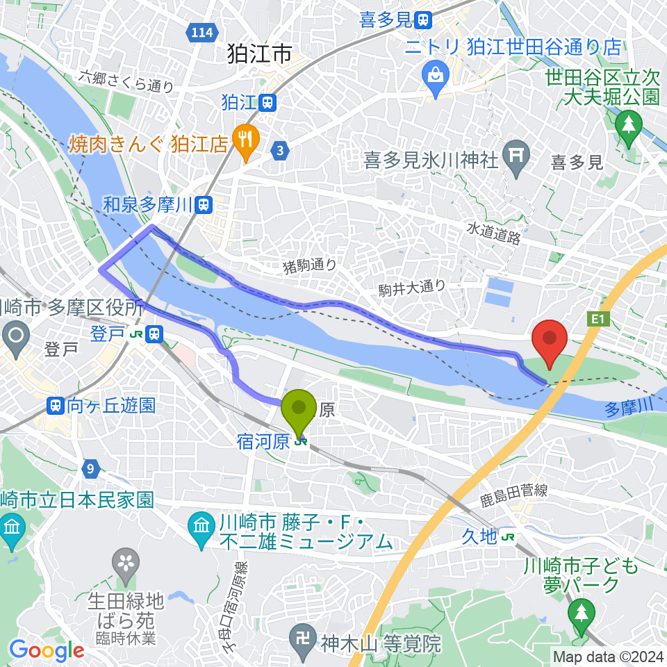 宿河原駅から目黒区砧サッカー場へのルートマップ地図