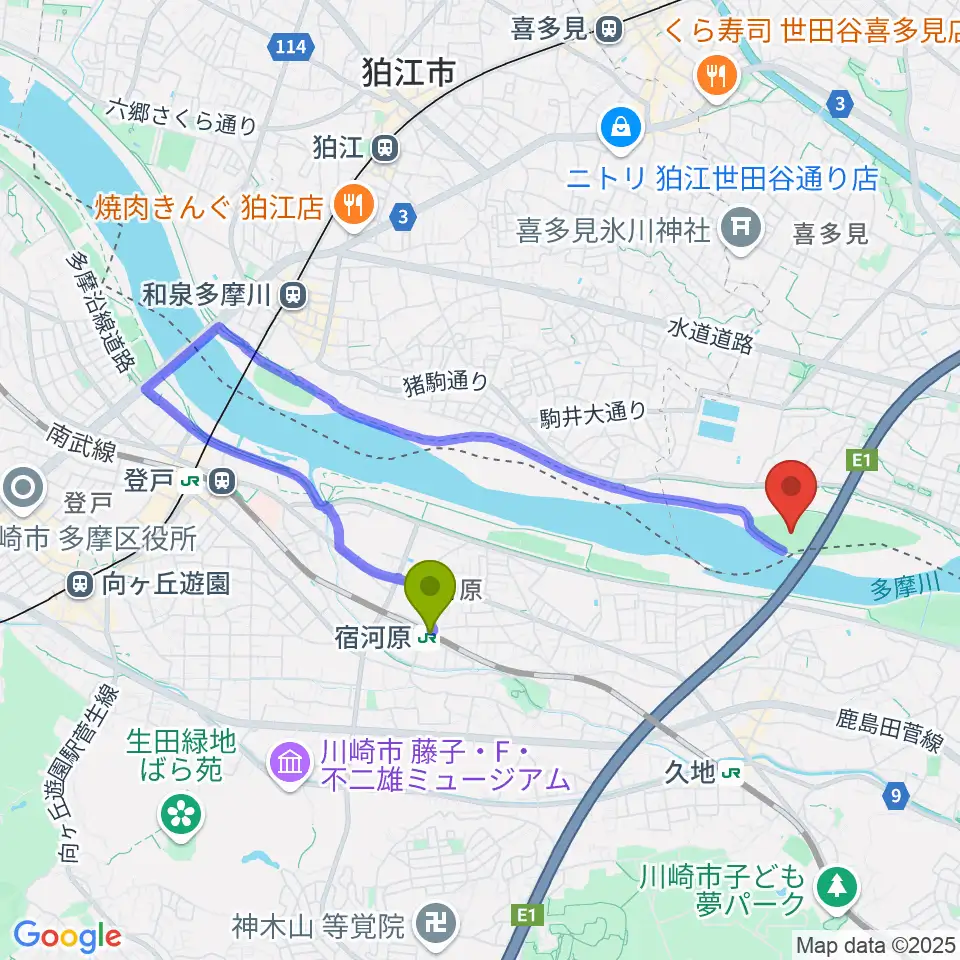 宿河原駅から目黒区砧サッカー場へのルートマップ地図