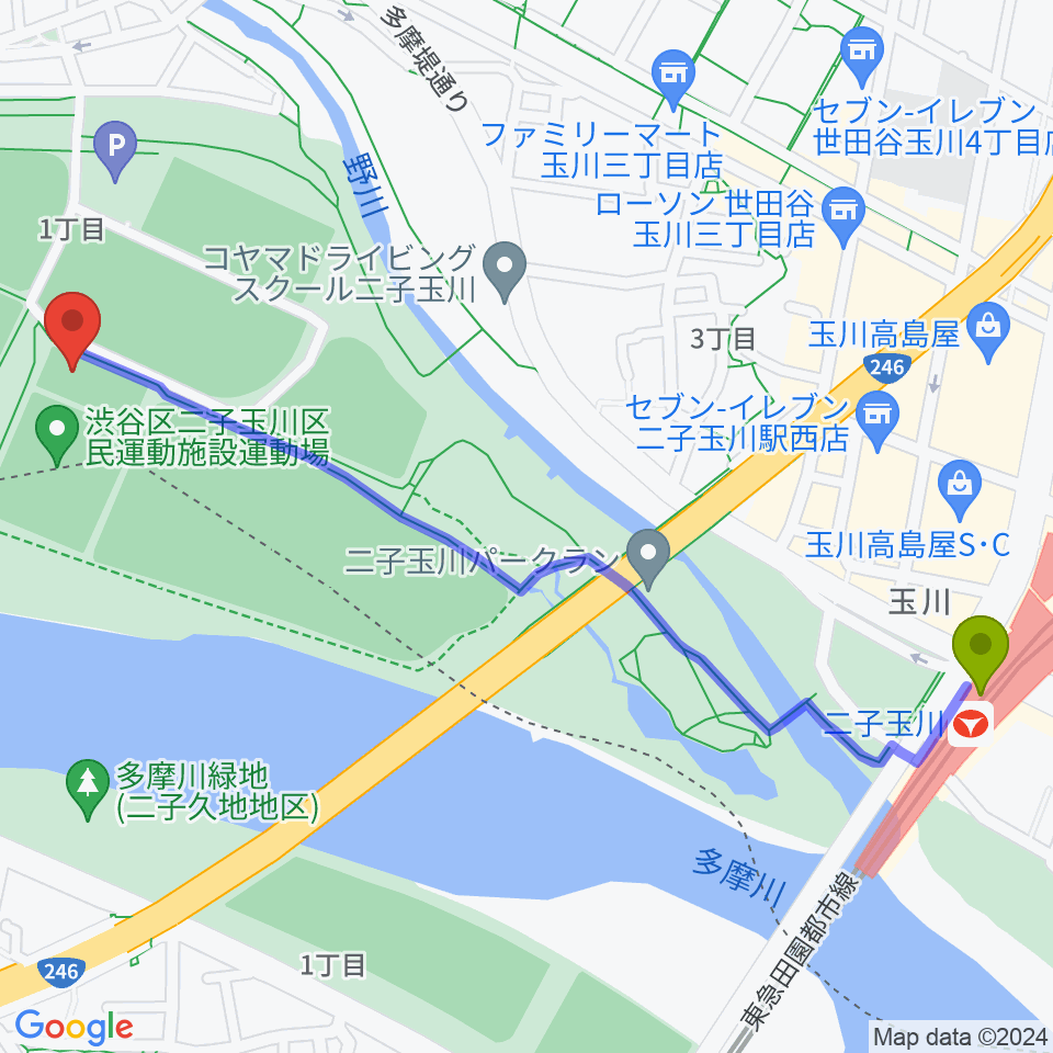 二子玉川区民運動施設の最寄駅二子玉川駅からの徒歩ルート（約14分）地図