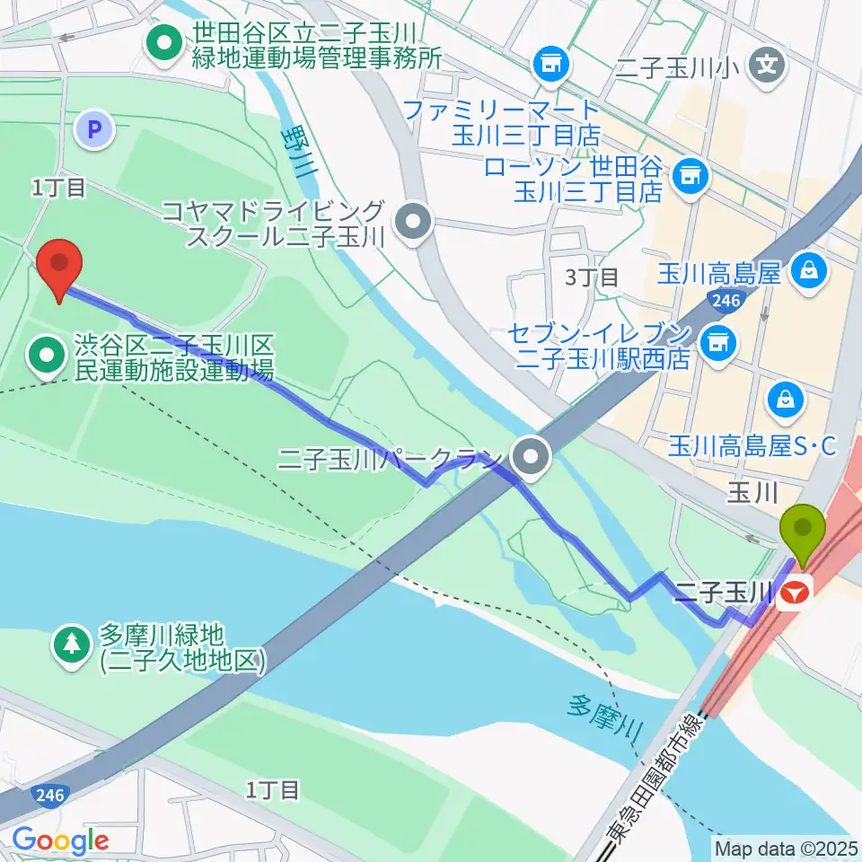 二子玉川区民運動施設の最寄駅二子玉川駅からの徒歩ルート（約14分）地図