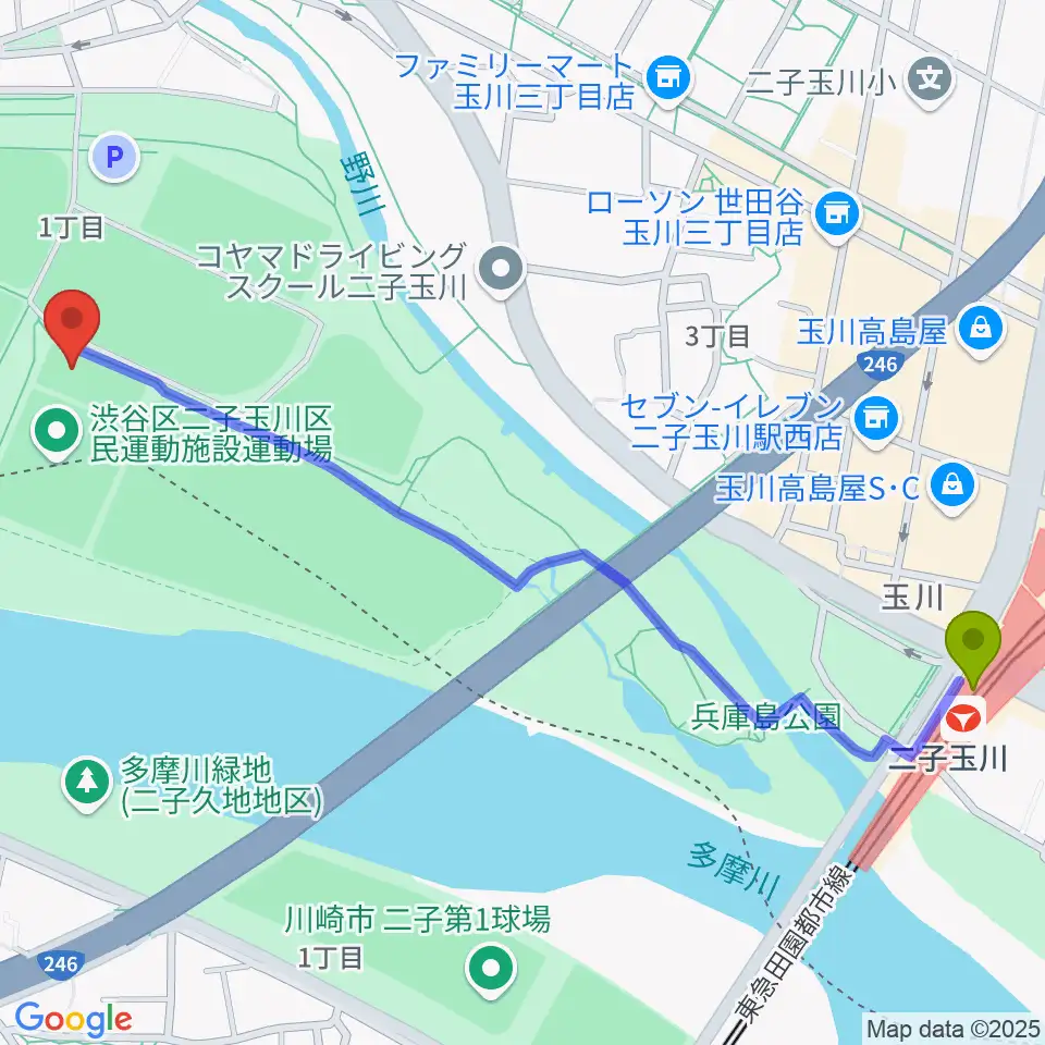 二子玉川区民運動施設の最寄駅二子玉川駅からの徒歩ルート（約14分）地図