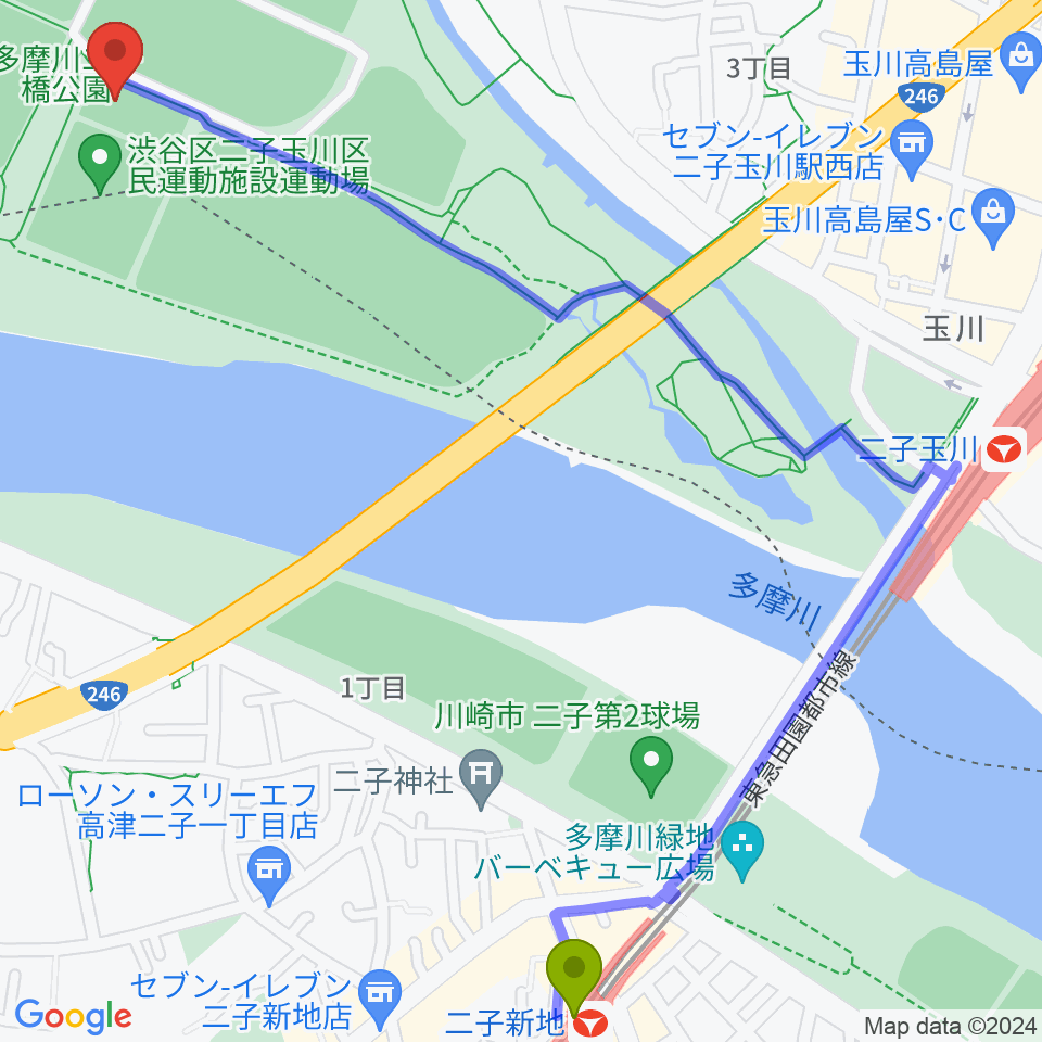 二子新地駅から二子玉川区民運動施設へのルートマップ地図
