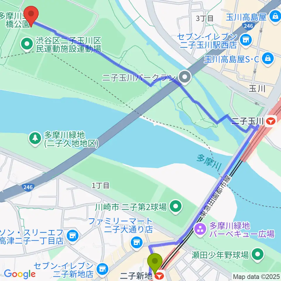 二子新地駅から二子玉川区民運動施設へのルートマップ地図