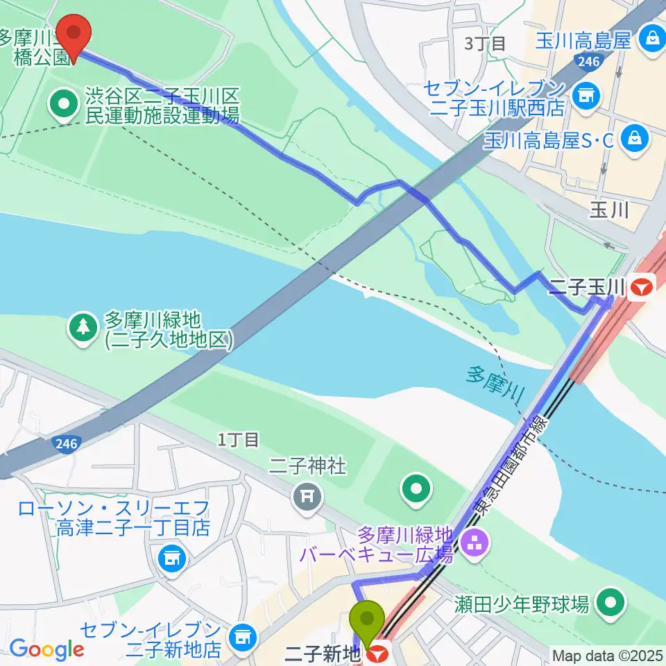 二子新地駅から二子玉川区民運動施設へのルートマップ地図