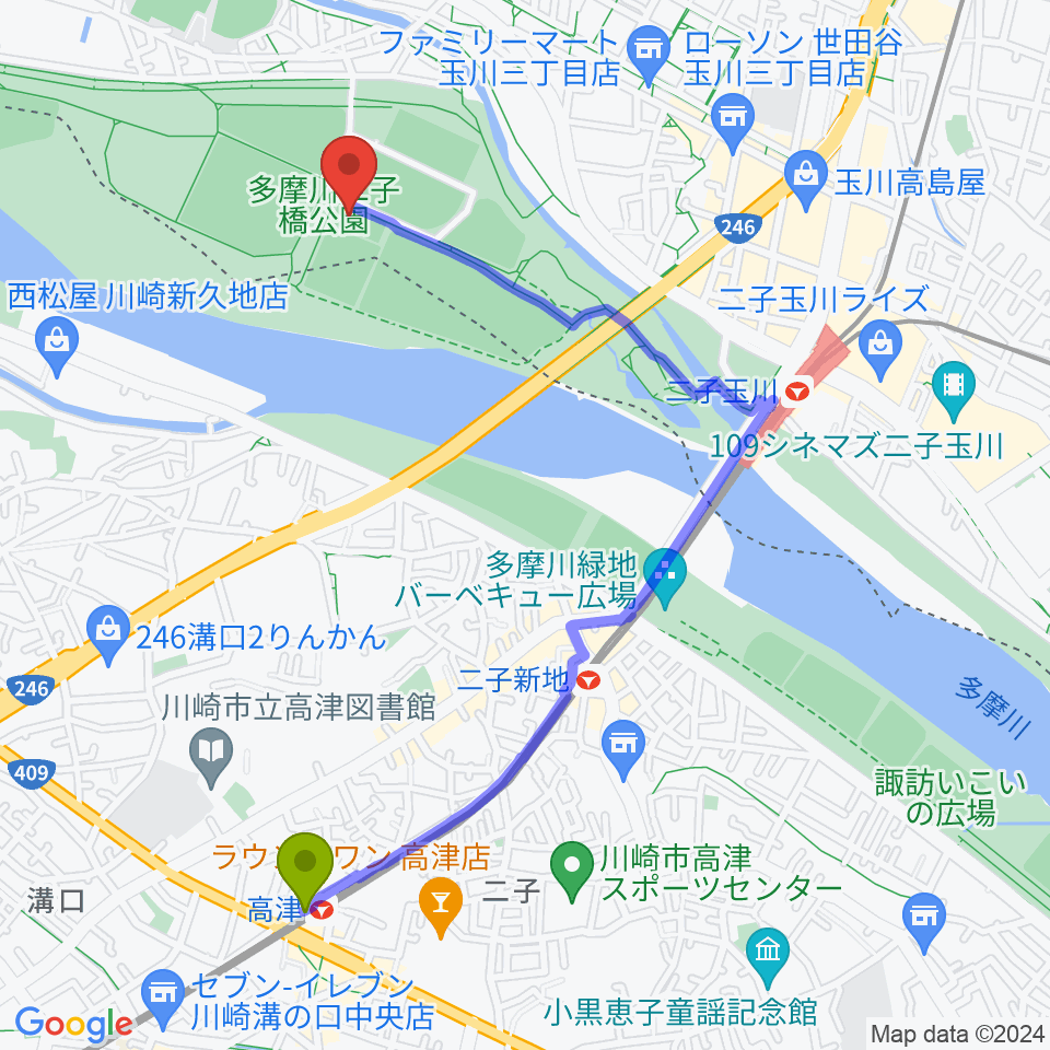 高津駅から二子玉川区民運動施設へのルートマップ地図