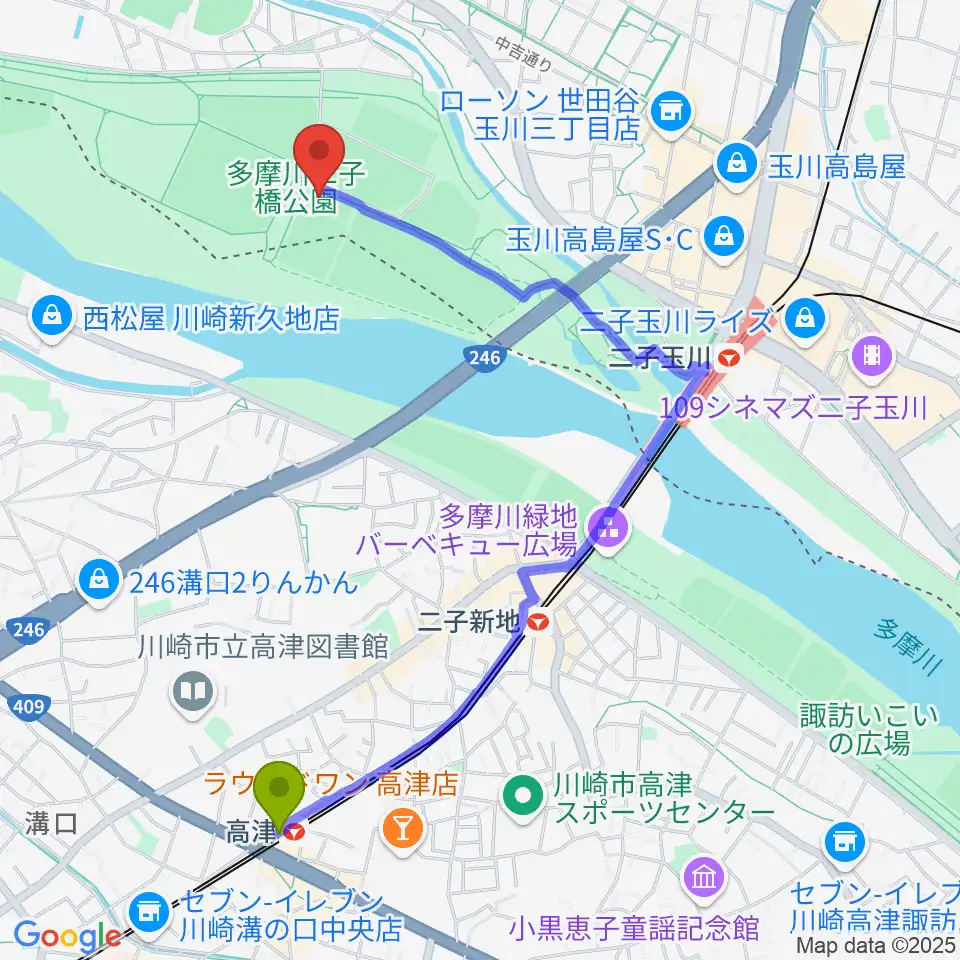 高津駅から二子玉川区民運動施設へのルートマップ地図