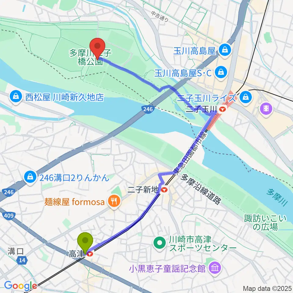 高津駅から二子玉川区民運動施設へのルートマップ地図