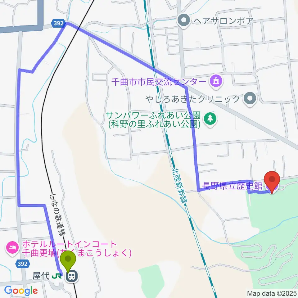 長野県立歴史館の最寄駅屋代駅からの徒歩ルート（約11分）地図