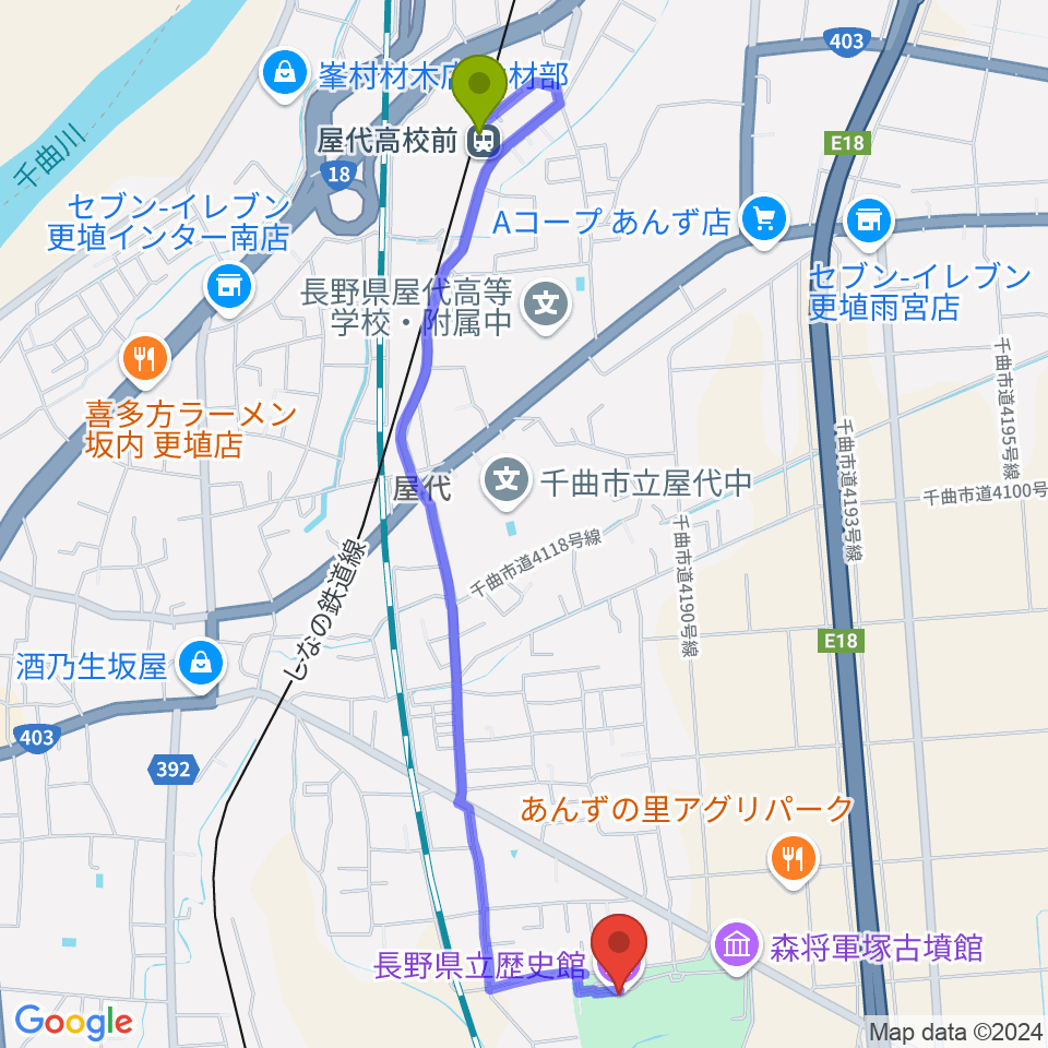 屋代高校前駅から長野県立歴史館へのルートマップ地図