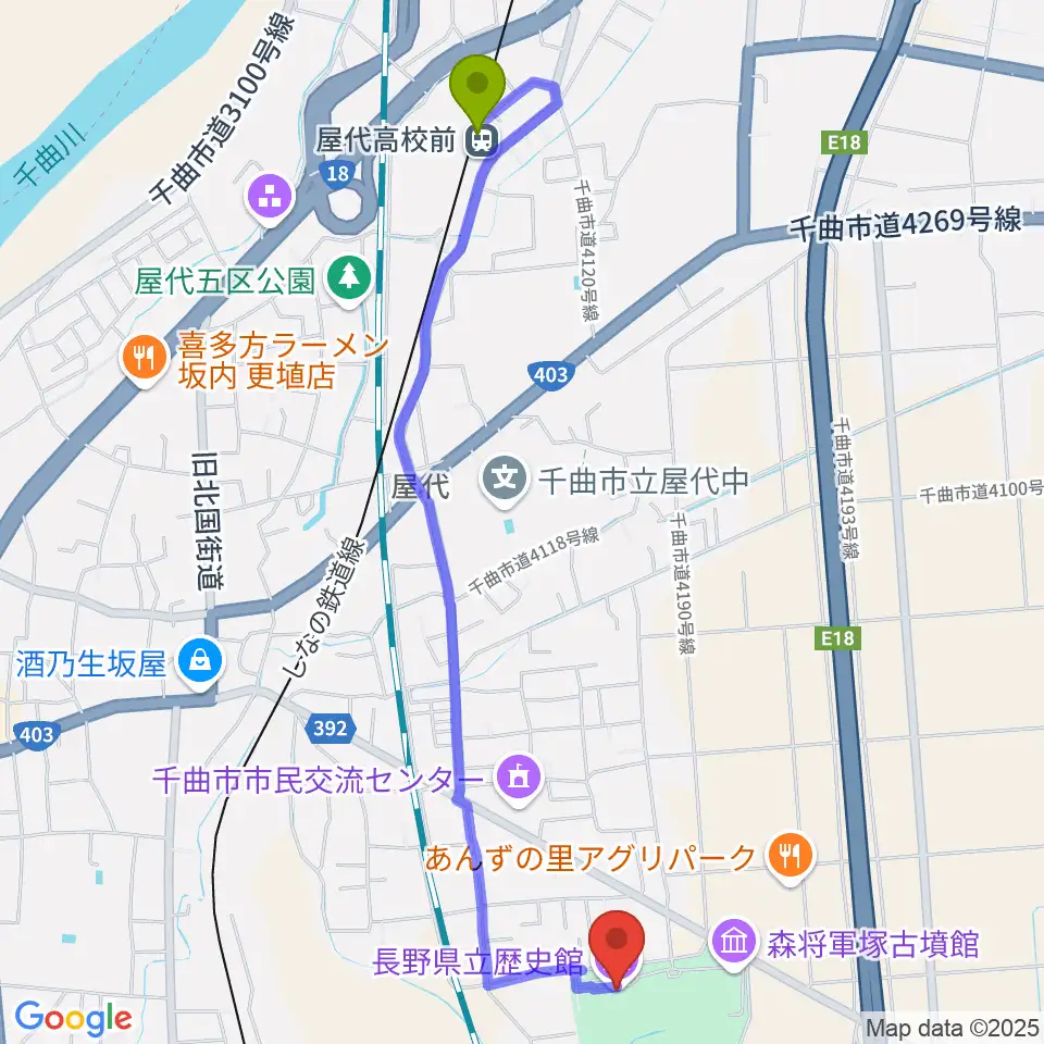 屋代高校前駅から長野県立歴史館へのルートマップ地図