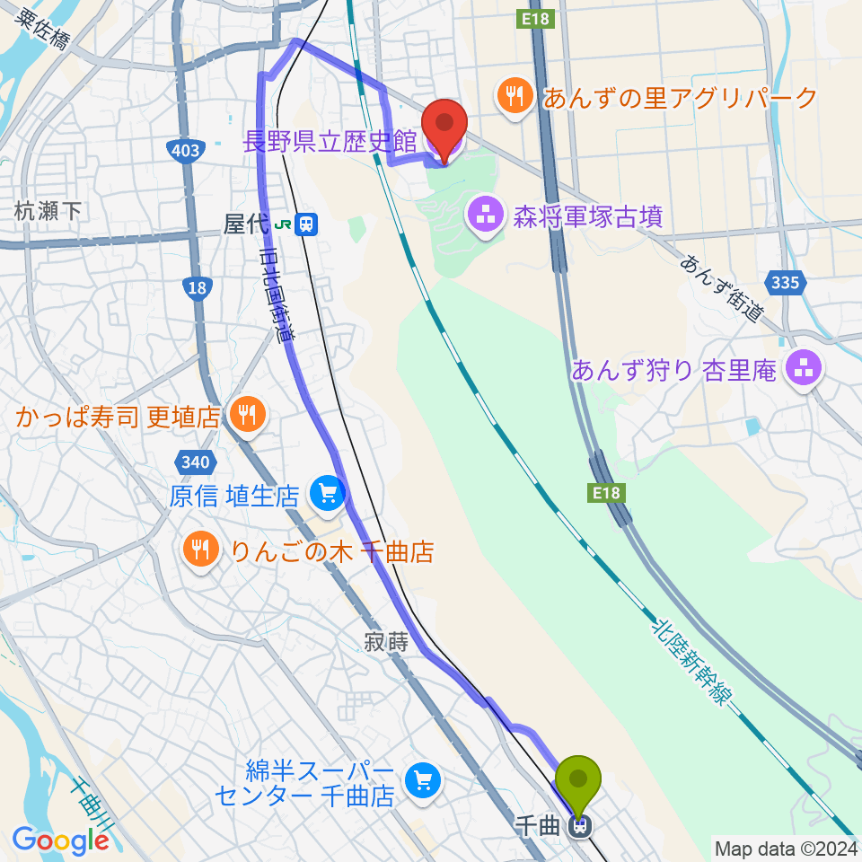 千曲駅から長野県立歴史館へのルートマップ地図