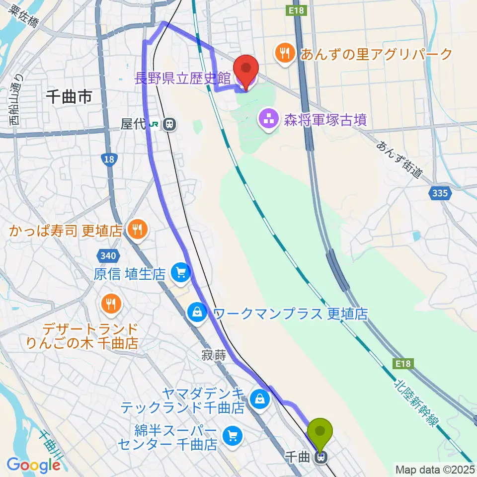 千曲駅から長野県立歴史館へのルートマップ地図