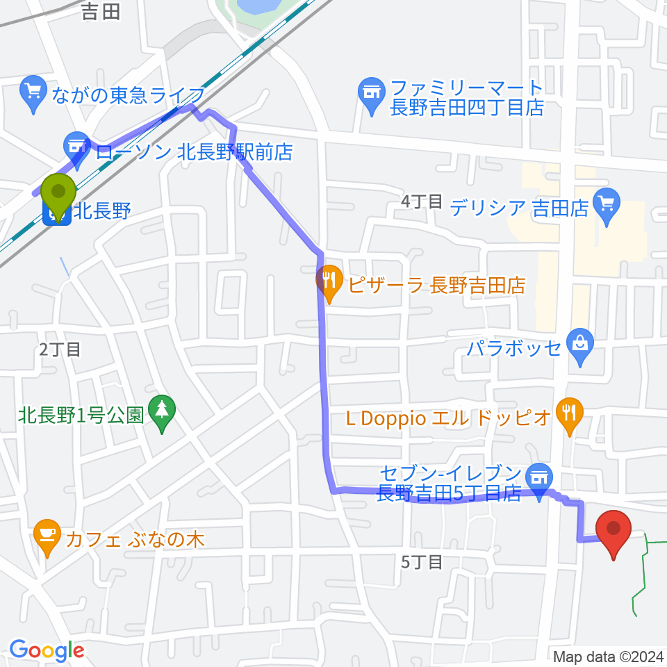 長野運動公園総合体育館の最寄駅北長野駅からの徒歩ルート（約15分）地図