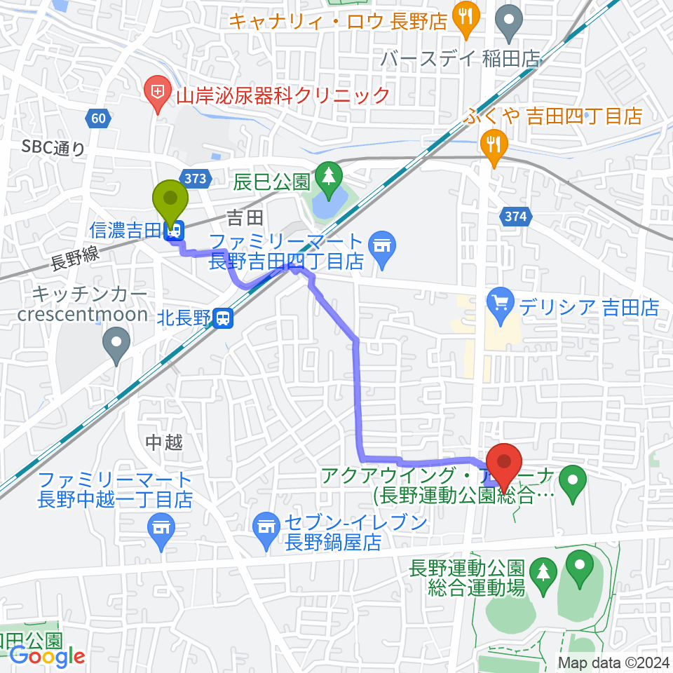 信濃吉田駅から長野運動公園総合体育館へのルートマップ地図