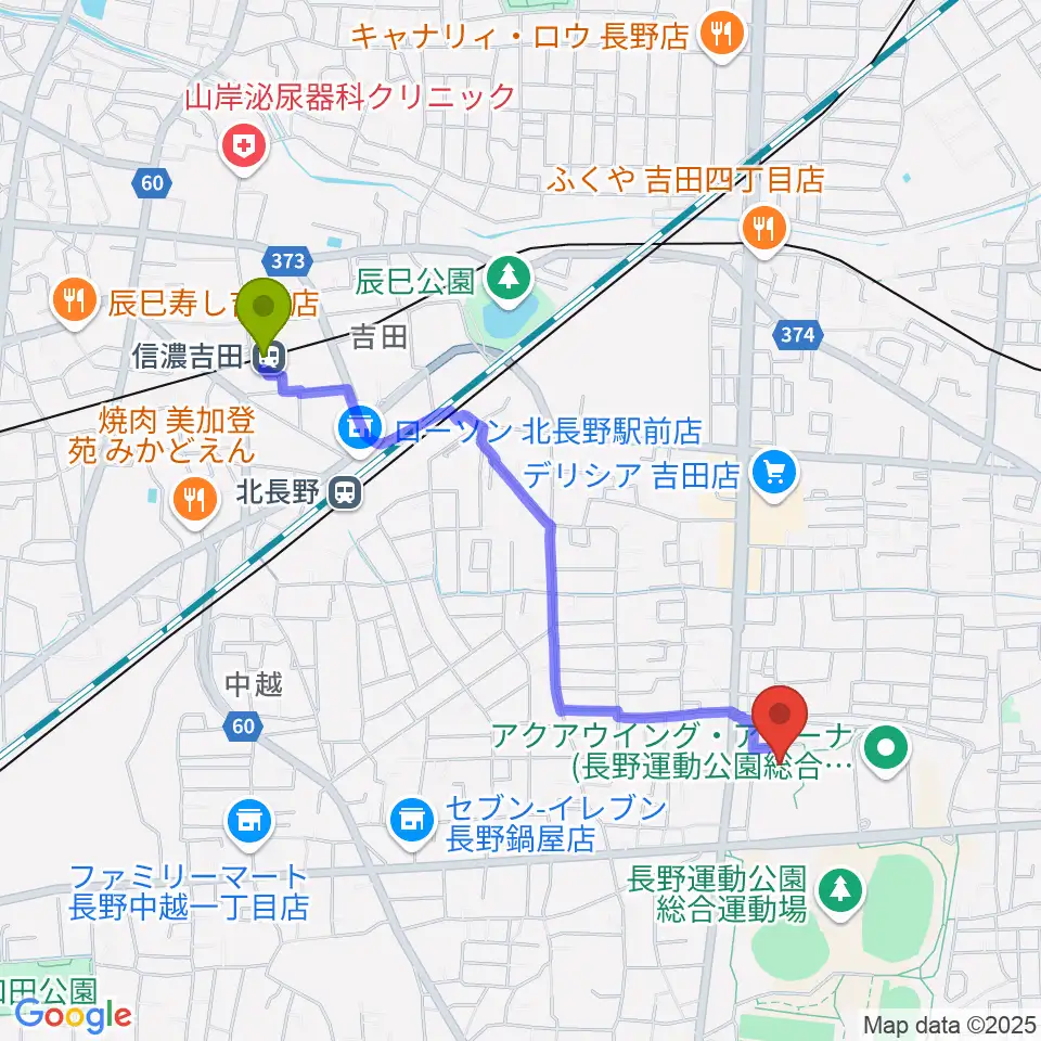 信濃吉田駅から長野運動公園総合体育館へのルートマップ地図