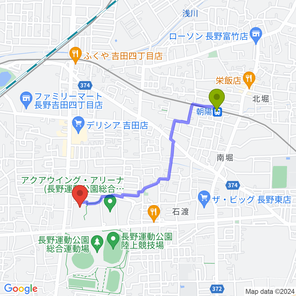 朝陽駅から長野運動公園総合体育館へのルートマップ地図