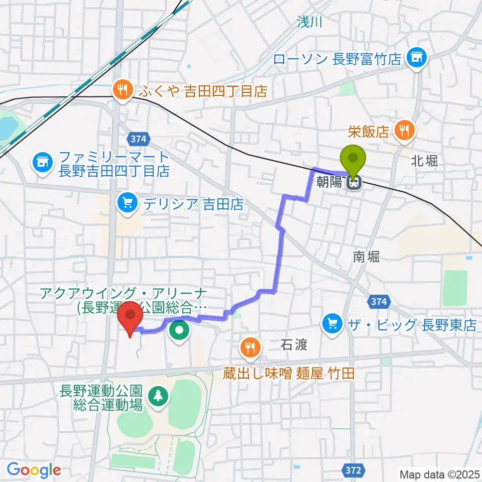 朝陽駅から長野運動公園総合体育館へのルートマップ地図