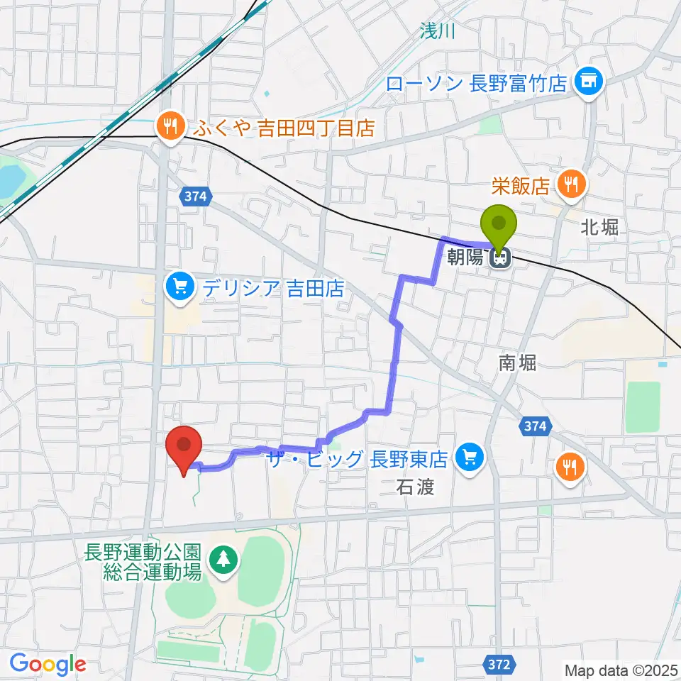 朝陽駅から長野運動公園総合体育館へのルートマップ地図