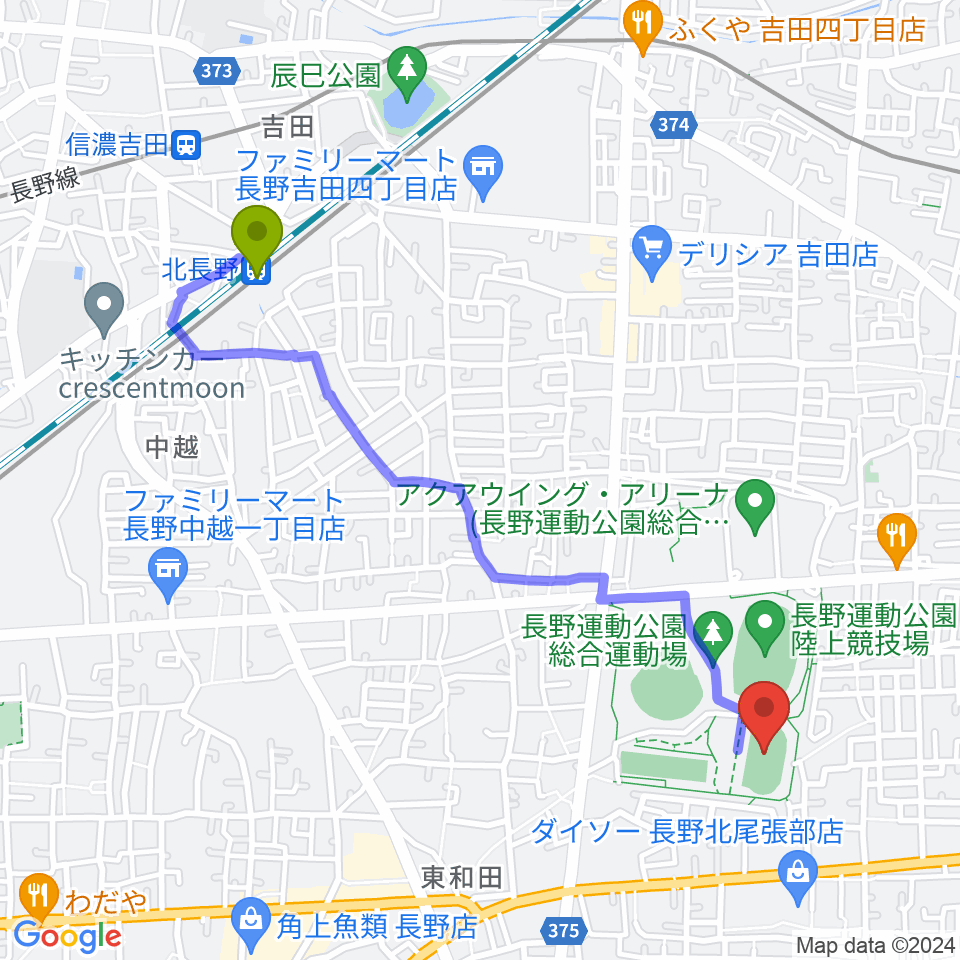 北長野駅から長野運動公園陸上サブトラックへのルートマップ地図