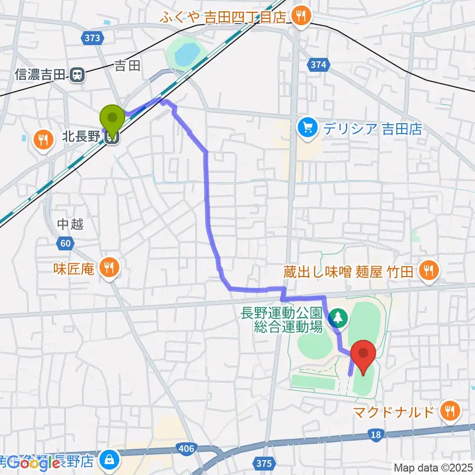 北長野駅から長野運動公園陸上サブトラックへのルートマップ地図