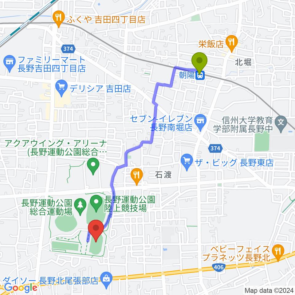 長野運動公園陸上サブトラックの最寄駅朝陽駅からの徒歩ルート（約20分）地図