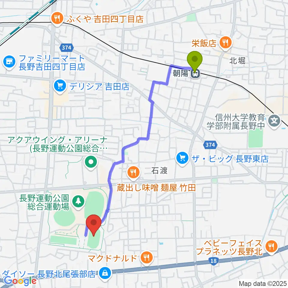 長野運動公園陸上サブトラックの最寄駅朝陽駅からの徒歩ルート（約20分）地図