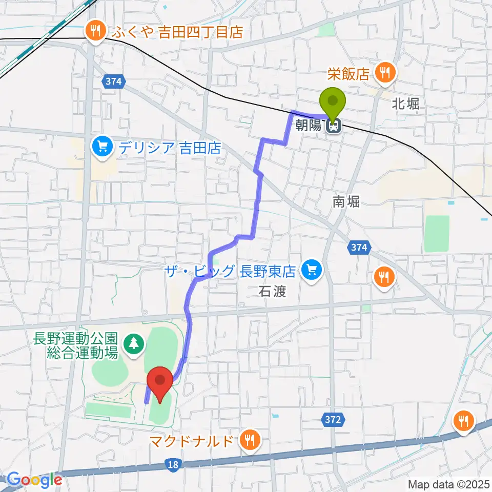 長野運動公園陸上サブトラックの最寄駅朝陽駅からの徒歩ルート（約20分）地図