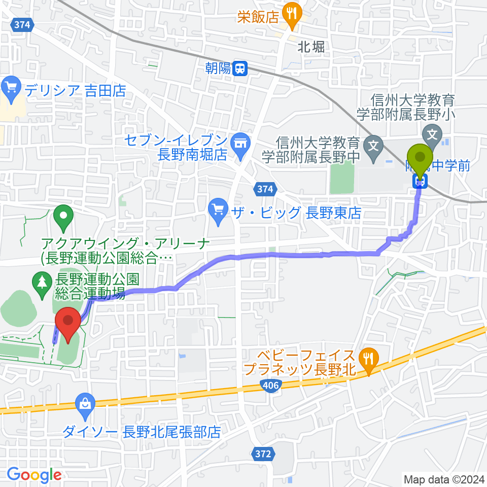 附属中学前駅から長野運動公園陸上サブトラックへのルートマップ地図